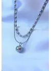  Çift Zincirli Gümüş  Topçuk Model Çelik Kolye