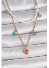 316L Çelik Gold Renk 2Li İnci Zincir Model Pembe Taşlı Kalp Figür Nazar Boncuk Detay Kadın Kolye