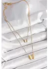316L Çelik Gold Renk 2Li Simli Kelebek Model Kadın Kolye