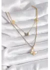  Altın  2Li Zincir Model Beyaz Sedefli Kelebek Figür  Çelik Kolye