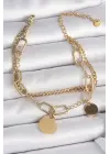 316L Çelik Gold Renk 2Li Zincir Model Sallantı Kalp Figür Kadın Bileklik
