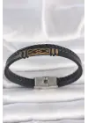 316L Çelik Gold Renk Aksesuarlı Çift Sıra Siyah Burgu Desenli Deri Kordon Erkek Bileklik