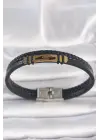 316L Çelik Gold Renk Aksesuarlı Çift Sıra Siyah Burgu Desenli Deri Kordon Erkek Bileklik