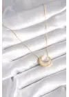  Altın  Beyaz Sedefli Hilal Model  Çelik Kolye