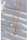  Altın  Beyaz Sedefli Yonca Çelik Kolye