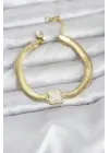 316L Çelik Gold Renk Beyaz Yonca Model Zirkon Taşlı Yılan Zincirli Kadın Bileklik