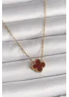 316L Çelik Gold Renk Bordo Yonca Model Kadın Kolye