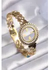 316L Çelik Gold Renk Çeyrek Altın Takılabilen Zirkon Taşlı Kalp İşleme Detay Kadın Bileklik