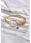 316L Çelik Gold Renk Çeyrek Takılabilen Zirkon Taş Detay Kadın Kelepçe