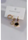 316L Çelik Gold Renk Daire Model Zirkon Taş Detay Kadın Küpe Kombini