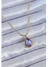  Altın  Damla Kristal Taş Model  Çelik Kolye