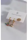 316L Çelik Gold Renk Göz Figür Zirkon Taşlı Kadın Küpe Kombini