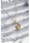  Altın  Hilal Kalp Model Zirkon Taş Detay  Çelik Kolye