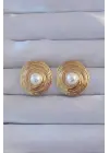   Altın İnci Detay Oval Kıvrımlı Vintage Küpe