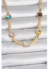 316L Çelik Gold Renk İtalyan Zincir Model Kare Renkli Zirkon Taşlı Kadın Kolye