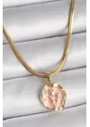  Altın  İtalyan Zincir Pembe Çiçek Madalyon Model  Çelik Kolye