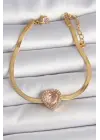 316L Çelik Gold Renk İtalyan Zincir Pembe Zirkon Taşlı Kalp Model Kadın Bileklik