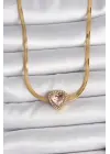 316L Çelik Gold Renk İtalyan Zincir Pembe Zirkon Taşlı Kalp Model Kadın Kolye
