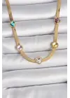 316L Çelik Gold Renk İtalyan Zincir Renkli Zirkon Taşlı Kalp Figür Kadın Kolye