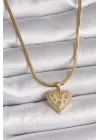  Altın  İtalyan Zincir Zirkon Taşlı Kalp Figür  Çelik Kolye