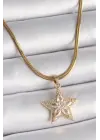  Altın  İtalyan Zincir Zirkon Taşlı Yıldız Model  Çelik Kolye