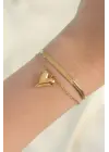 316L Çelik Gold Renk İtalyan Zincirli Kalp Model Bileklik