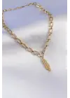 316L Çelik Gold Renk Kalın Zincir Model Yaprak Model Kadın Kolye