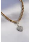 316L Çelik Gold Renk Kalın Zincir Model Zirkon Taşlı Kalp Figür Kadın Kolye