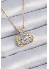  Altın  Kare Gümüş  Zirkon Taş Detay Göz Model Vintage  Çelik Kolye