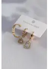 316L Çelik Gold Renk Kare Model Zirkon Taş Detay Kadın Küpe Kombini