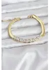 316L Çelik Gold Renk Kare Zirkon Taşlı Yılan Zincirli Kadın Bileklik