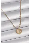 Altın  Kedi Gözü Sedefli Kalp Model  Çelik Kolye