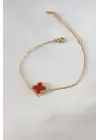 316L Çelik Gold Renk Kırmızı Yonca Model Kadın Bileklik