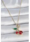 316L Çelik Gold Renk Kırmızı Zirkon Taşlı Kiraz Model Kadın Kolye