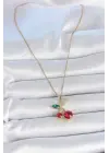 316L Çelik Gold Renk Kırmızı Zirkon Taşlı Kiraz Model Kadın Kolye