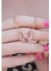 316L Çelik Gold Renk Krem Pembe Kristal Taşlı Kelebekli Çelik Kadın Kolye