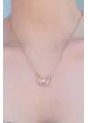 316L Çelik Gold Renk Krem Pembe Kristal Taşlı Kelebekli Çelik Kadın Kolye