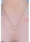 316L Çelik Gold Renk Beyaz Kristal Taşlı Şeffaf Kelebek Kolye