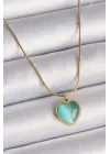  Altın  Mavi Kedi Gözü Sedefli Kalp Model  Çelik Kolye