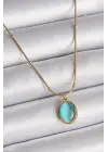  Altın  Mavi Kedi Gözü Sedefli Oval Model  Çelik Kolye
