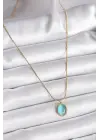  Altın  Mavi Kedi Gözü Sedefli Oval Model  Çelik Kolye