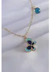  Altın  Mavi Kelebek Figür Nazar Boncuk Detay  Çelik Kolye