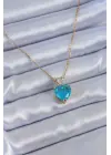  Altın  Mavi Kristal Taş Kalp Model  Çelik Kolye