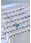  Altın  Mavi Kristal Taş Kalp Model  Çelik Kolye