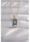  Altın  Mavi Mineli Güneş Model Tarot Çelik Kolye
