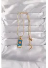  Altın  Mavi Mineli Güneş Model Tarot Çelik Kolye