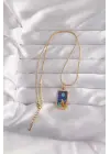  Altın  Mavi Mineli Kız Figür Tarot Çelik Kolye