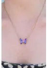 316L Çelik Gold Renk Mor Kristal Taş Kelebek Model Çelik Kadın Kolyesi