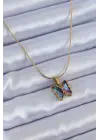 Altın Mor Kristal Taşlı Kelebek Model Çelik Kolye