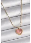  Altın  Pembe Kedi Gözü Sedefli Kalp Model  Çelik Kolye